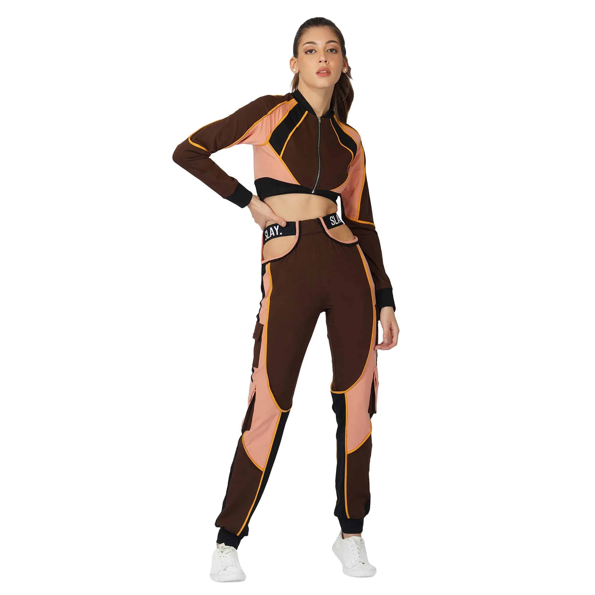 SLAY. Women's Brown Colorblock Crop Jacket Activewear Streetwear