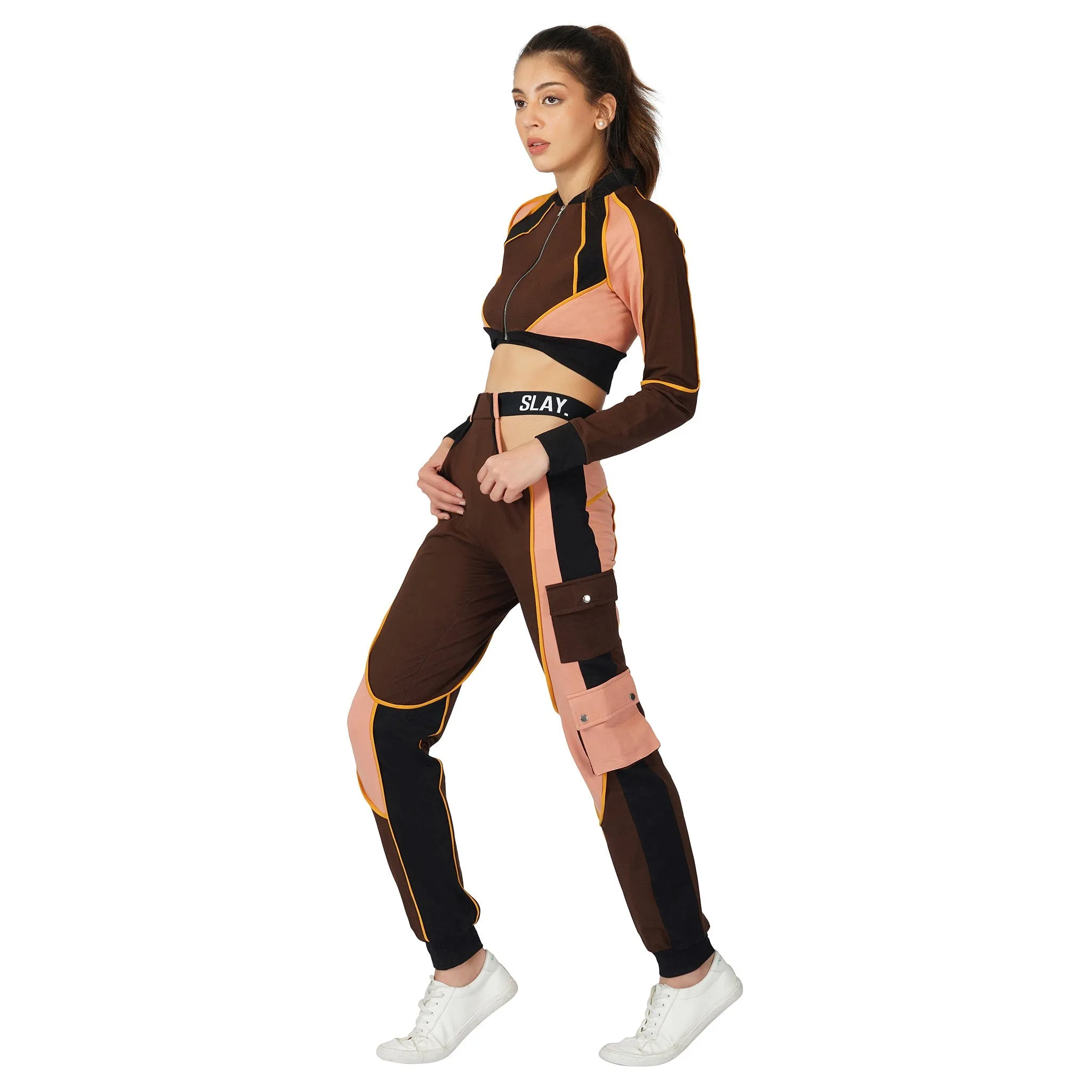 SLAY. Women's Brown Colorblock Crop Jacket Activewear Streetwear