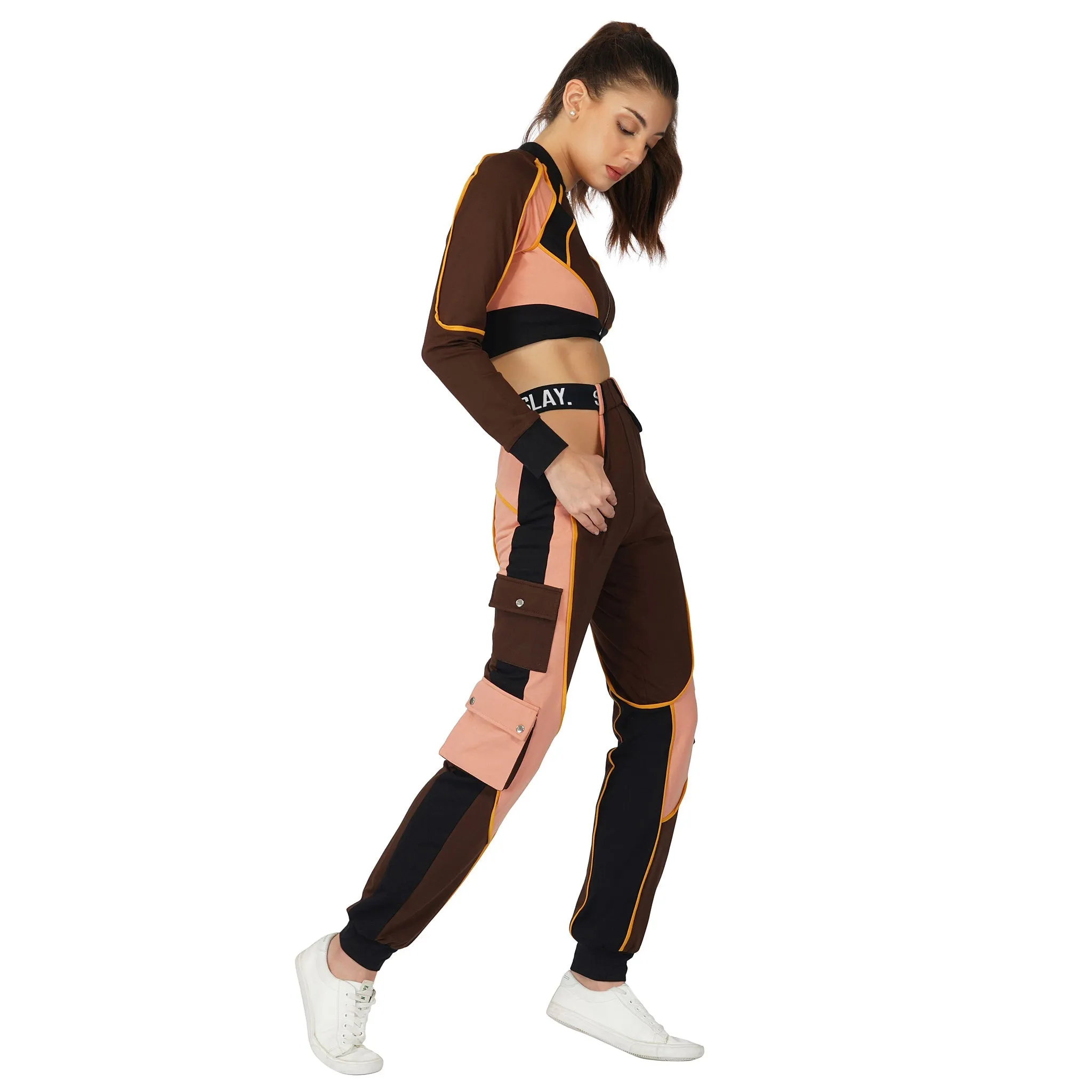 SLAY. Women's Brown Colorblock Crop Jacket Activewear Streetwear