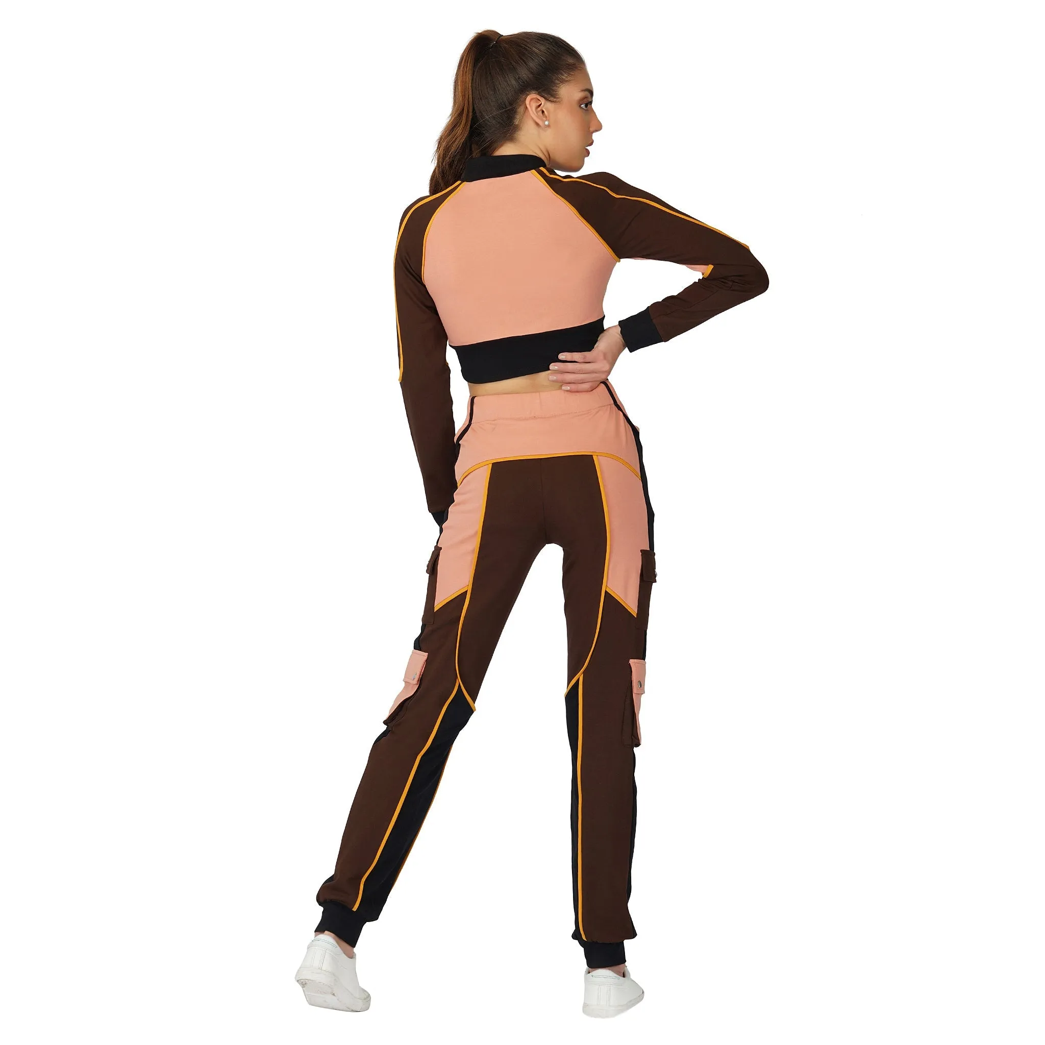 SLAY. Women's Brown Colorblock Crop Jacket Activewear Streetwear