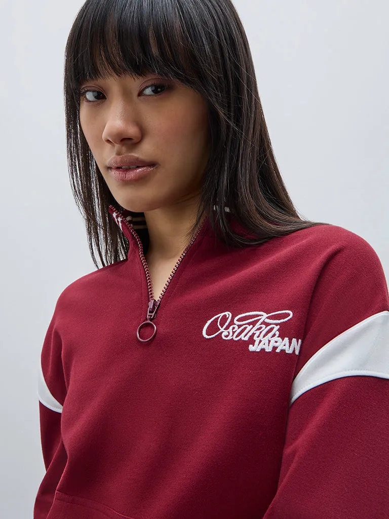 Studiofit Maroon Embroidered Sweatshirt