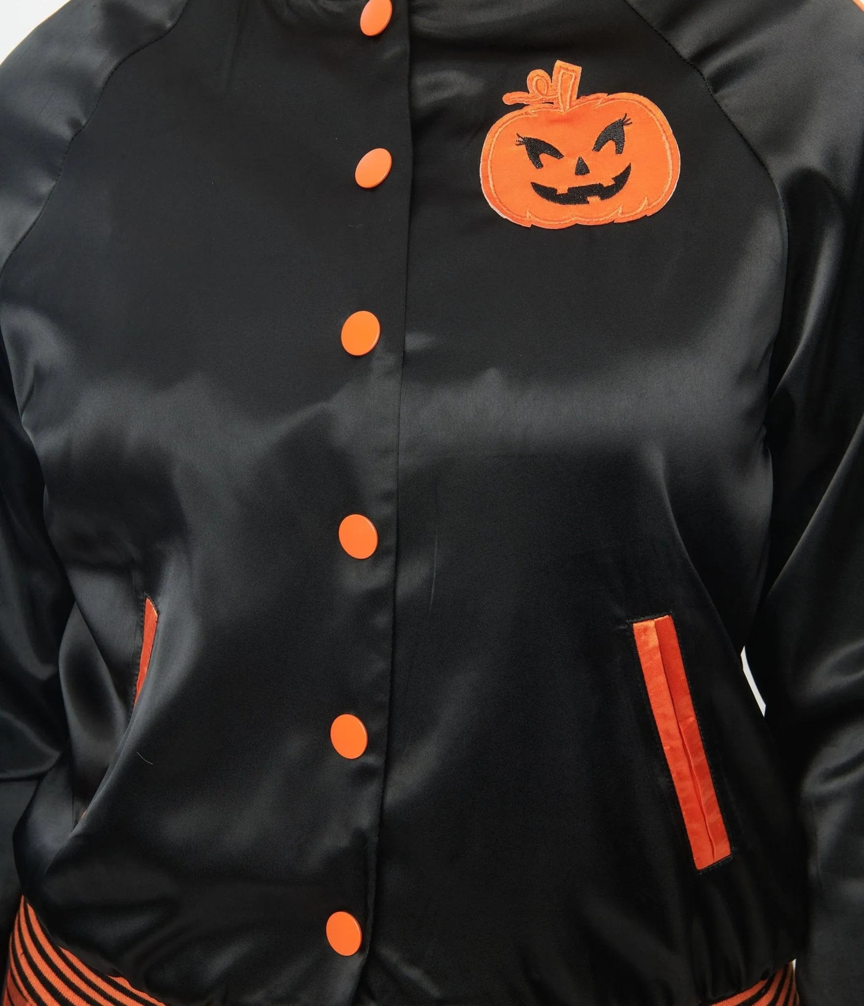 Unique Vintage Black & Orange Scream Queen Satin Bomber Jacket