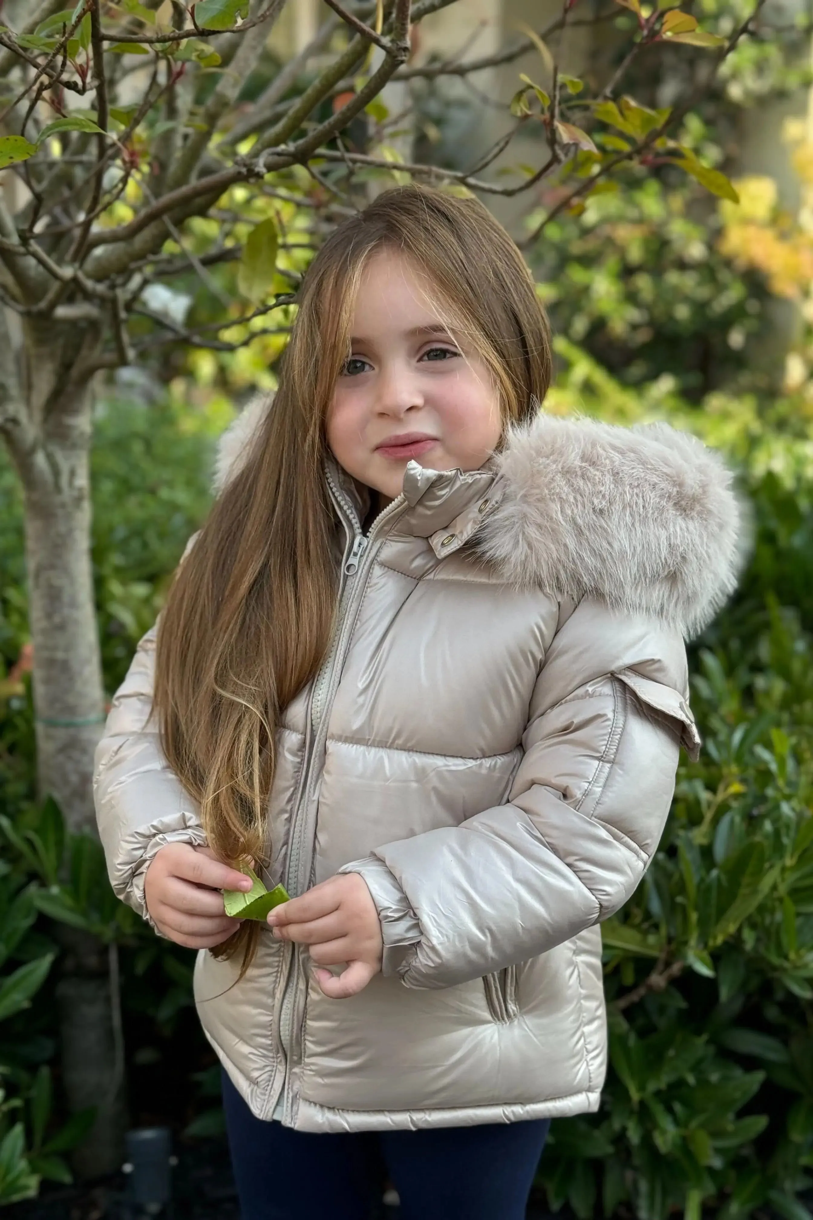 Unisex Beige Fur Hood Coat