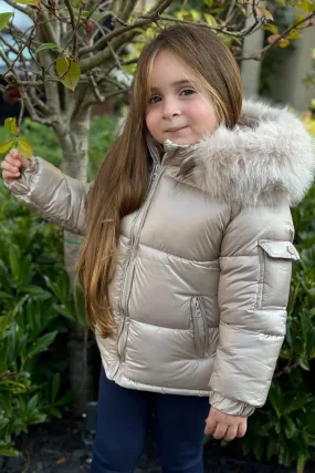Unisex Beige Fur Hood Coat