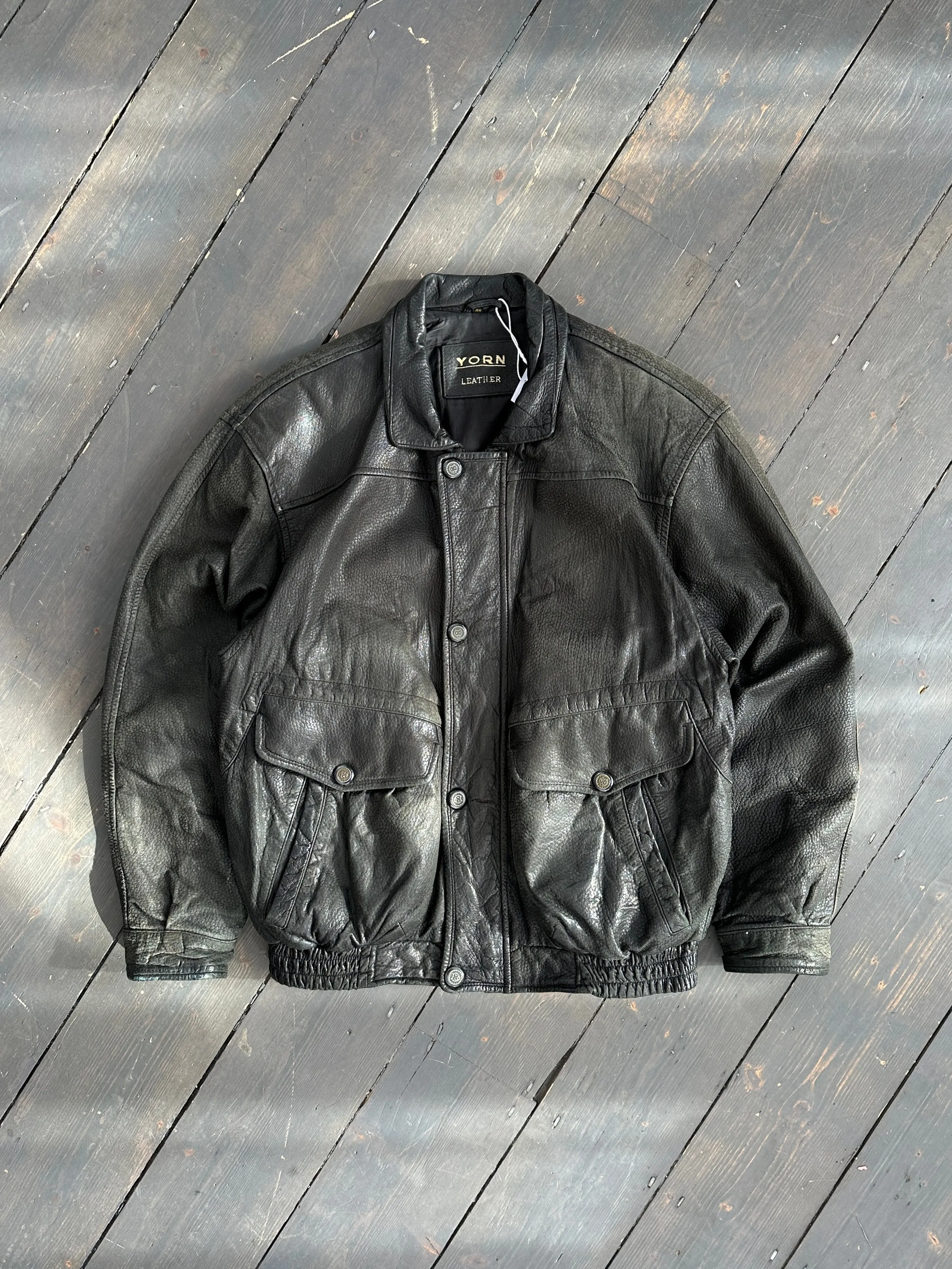 Vintage Textured Leather Bomber Jacket - M/L