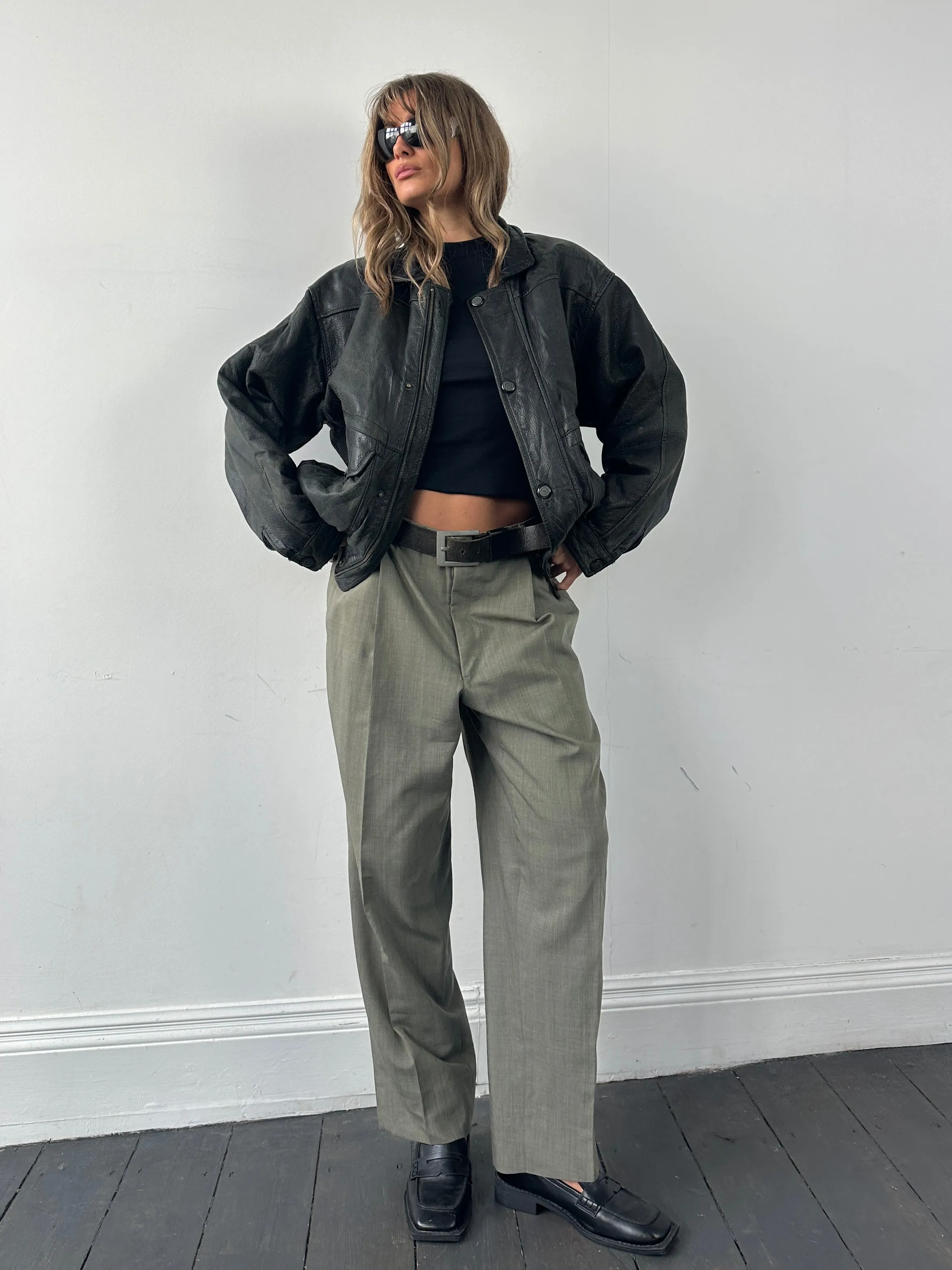 Vintage Textured Leather Bomber Jacket - M/L