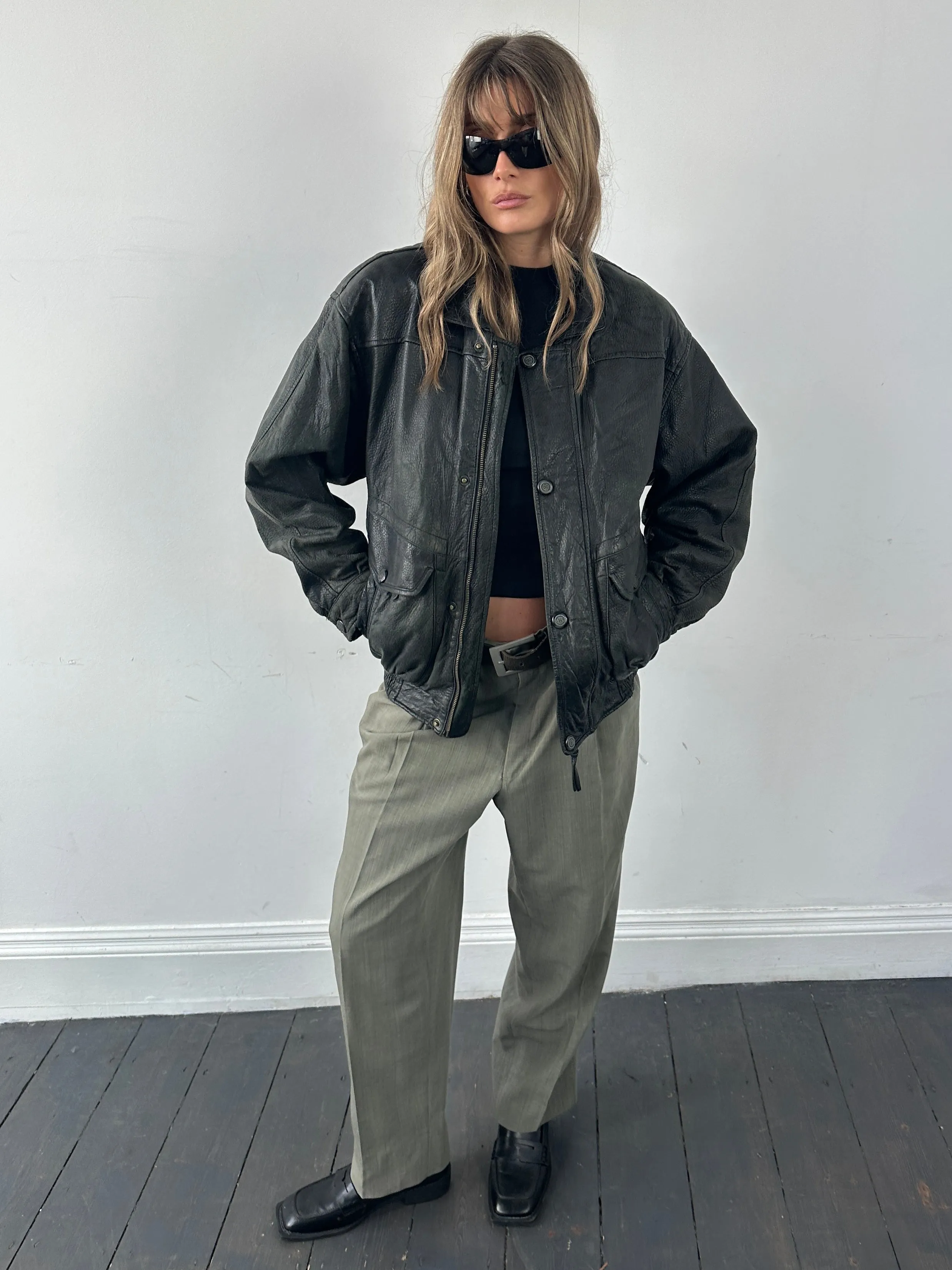 Vintage Textured Leather Bomber Jacket - M/L