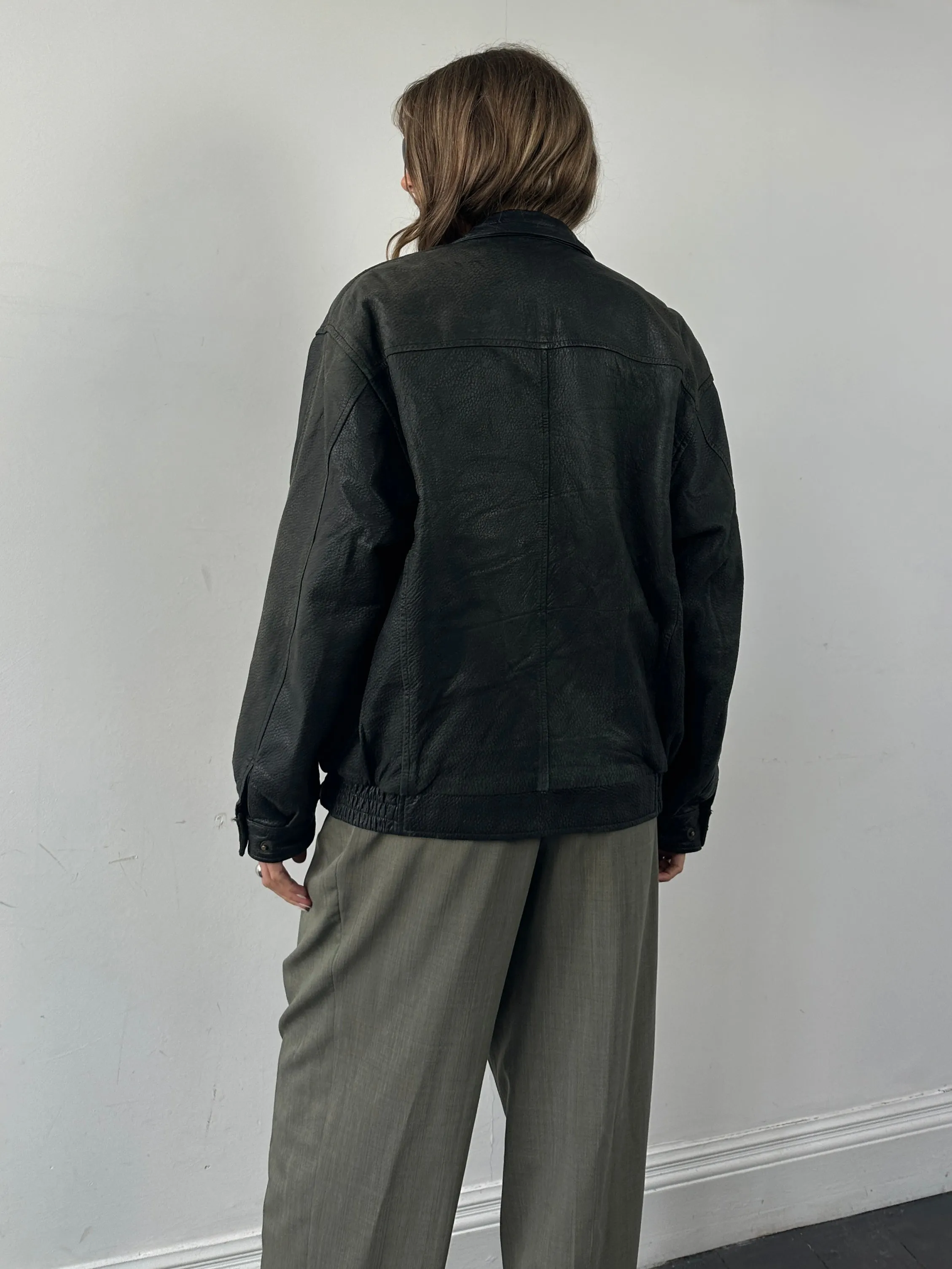 Vintage Textured Leather Bomber Jacket - M/L