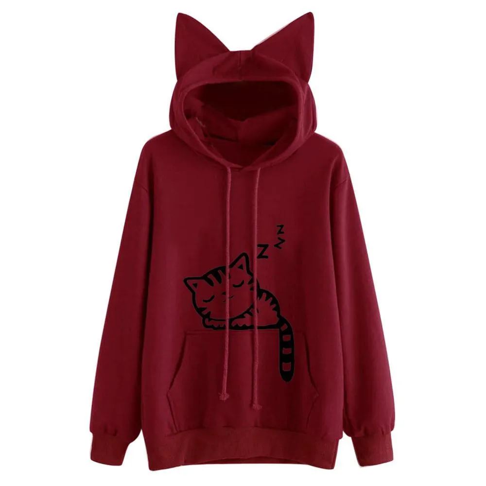 Women Cat Print Hoodie