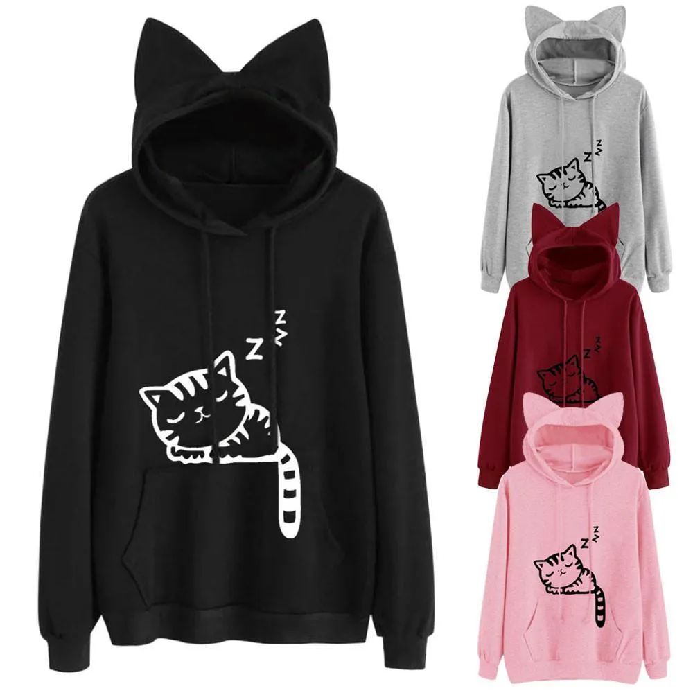Women Cat Print Hoodie