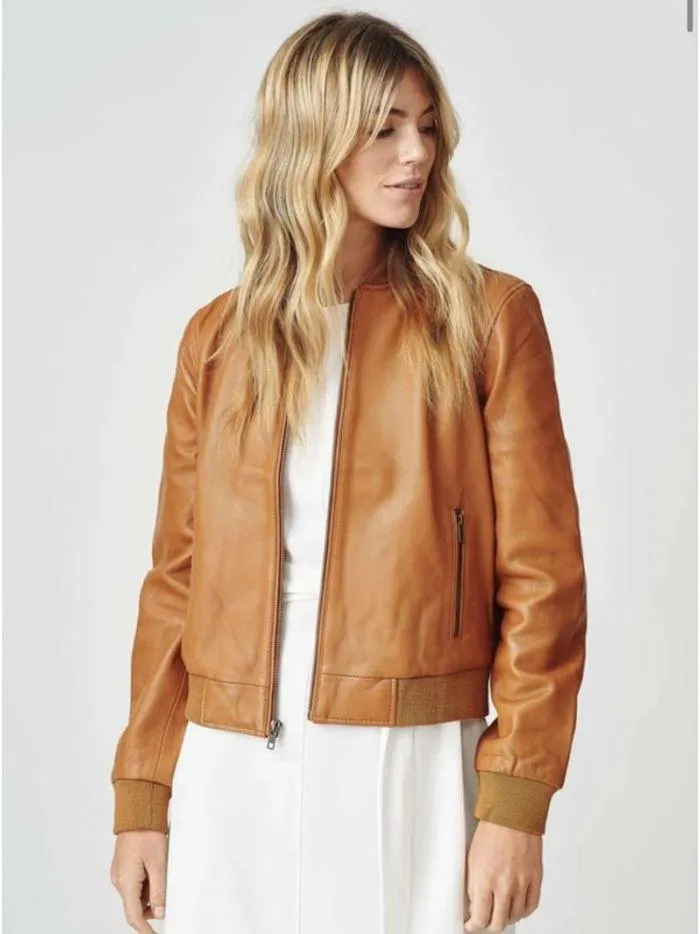 Women Tan Brown Leather Classic Bomber Jacket | QAWACH