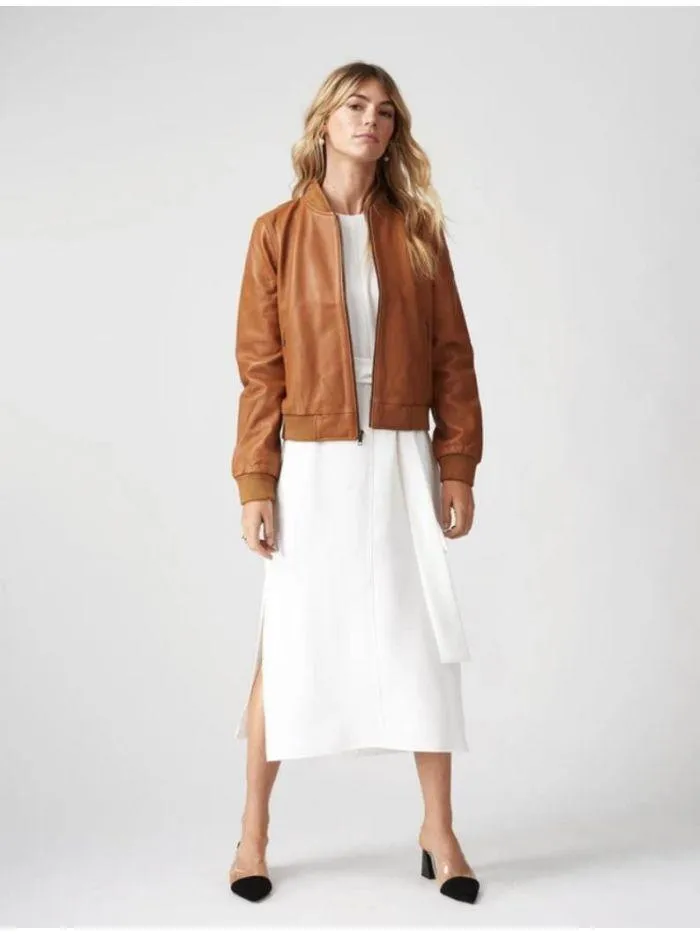 Women Tan Brown Leather Classic Bomber Jacket | QAWACH