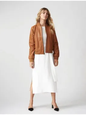 Women Tan Brown Leather Classic Bomber Jacket | QAWACH