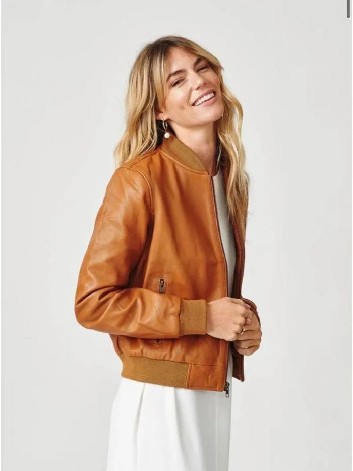 Women Tan Brown Leather Classic Bomber Jacket | QAWACH