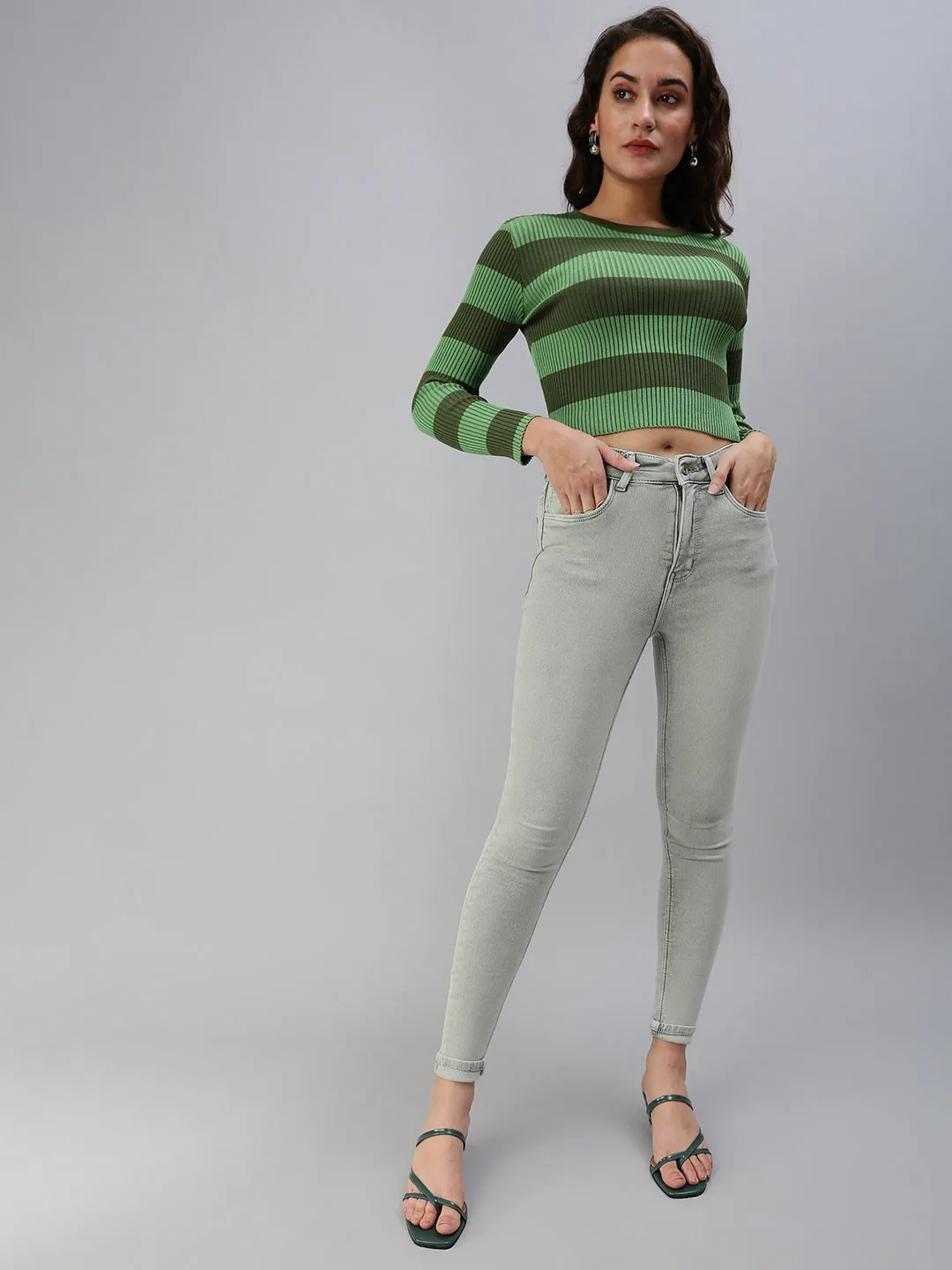 Women's Green Solid Denim Skinny Jeans